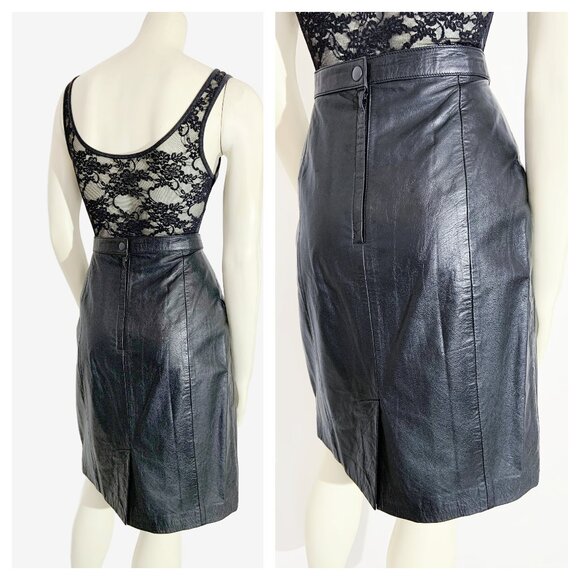 Vintage Black Leather Skirt / size 26 inch waist/ size Small - Picture 6 of 9